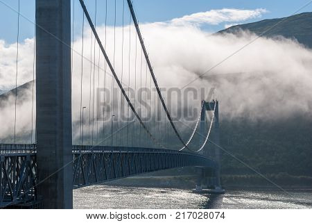 The Kvalsund Bridge is a suspension bridge between the mainland and the island of Kvaloya, Finnmark, Norway.