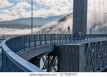 The Kvalsund Bridge is a suspension bridge between the mainland and the island of Kvaloya, Finnmark, Norway.