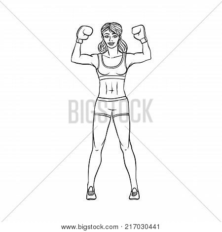 vector cartoon muscular strong cute beautiful woman, girl in boxing stand with box gloves smiling raising hands up. Isolated illustration on a white background.