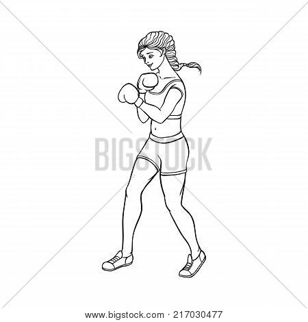 vector cartoon muscular strong cute beautiful woman, girl in boxing stand with box gloves in fighting position. Isolated illustration on a white background.