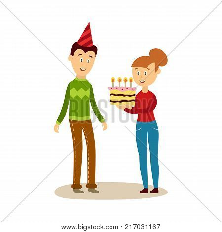 vecotr cartoon beautiful cute girl in causal clothing and jeens giving big birthday chocolate cake with festive candles to man in party hat. Isolated illustration on a white background.