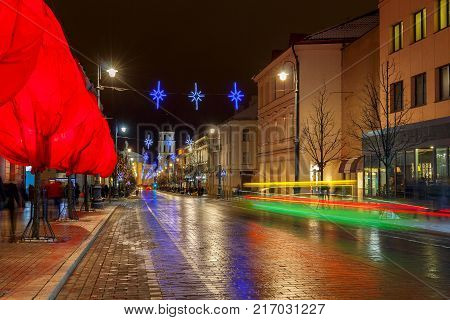 Prospect Gedemin in night lighting in the historic center of the old town. Lithuania. Vilnius.