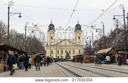 DEBRECEN, HUNGARY - DECEMBER 01, 2017: Kossuth square with Protestant Great Church in Debrecen city, Hungary.