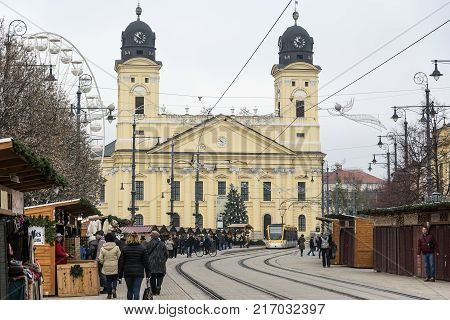 DEBRECEN, HUNGARY - DECEMBER 01, 2017: Kossuth square with Protestant Great Church in Debrecen city, Hungary.