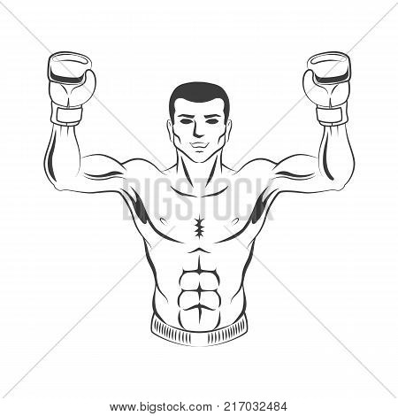 vector muscular strong handsome boxer man bare torso and chest standing with hands in boxing gloves raised up smiling like winner black and white icon. Isolated illustration on white background.