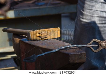 blacksmith tools and fixtures for hand forged metal, close-up