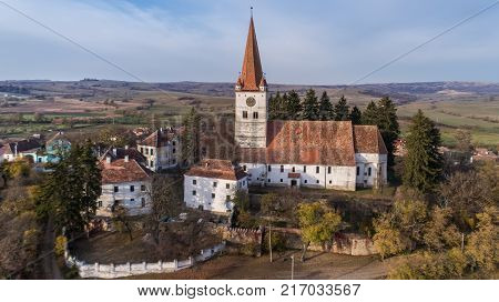 aerial view of Cincu medieval church. Brasov county. Transylvania Romania