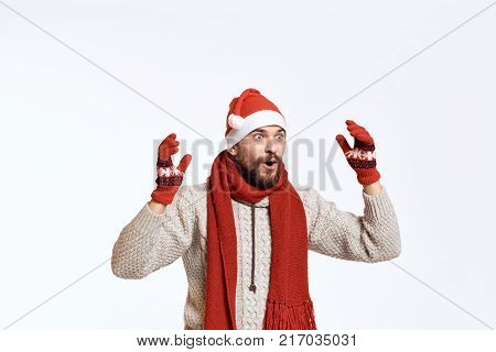 man rejoices, new year, christmas, scarf, gloves.