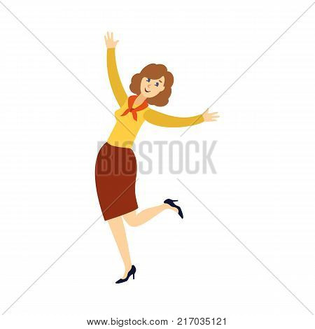 vector flat beautiful girl office worker, business woman manager in corporate colored clothing in skirt, blouse and pioner red tie dancing at party . Isolated illustration on a white background.