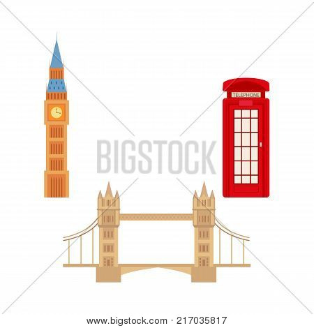 vector flat United kingdom, great britain symbols set. British phone red booth cabin, Tower Bridge and Big Ban Tower of London icon. Isolated illustration on a white background