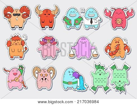 Zodiac icons. Collection of twelve icons of zodiac signs. Vector doodle illustration with cartoon comic characters.