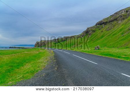 View of coastline and landscape along the Steingrimsfjordur fjord in the west fjords region Iceland