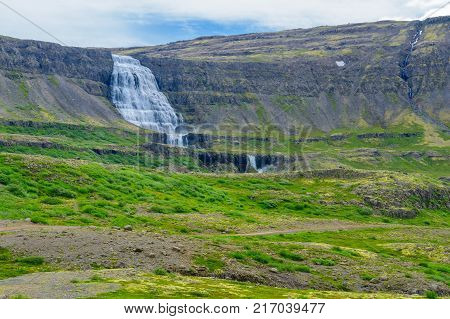 Landscape and the Dynjandi waterfalls in the west fjords region Iceland