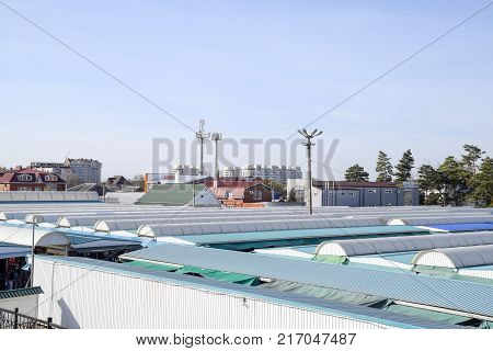 Slavyansk-on-kuban Russia - November 8 2016: Covered Market In The City. Rows Of Sales Outlets. View