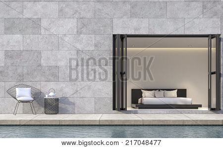 Modern loft style bedroom terrace with swimming pool 3d rendering image.There are concrete walls grooved in the pattern of brick.furnished with black color furniture