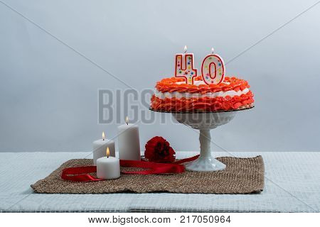 Frosted cake with the 40 candle on top