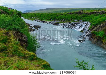 View of the Hraunfossar waterfall in Borgarfjordur western Iceland