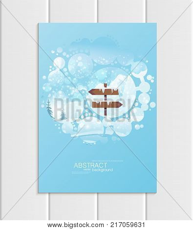 Stock vector brochure A5 or A4 format design Christmas template, abstract circles, winter landscape New Year 2018 with road sign in snow glow full moon night background for printed material