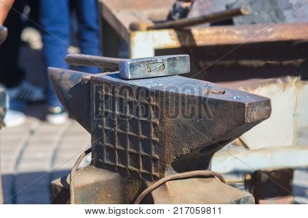 blacksmith tools and fixtures for hand forged metal, close-up