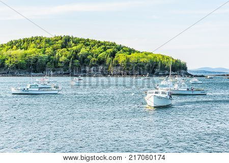 Bar Harbor, Usa - June 8, 2017: Sunset In Bar Harbor, Maine Village With Empty Sailing Boats, Vessel