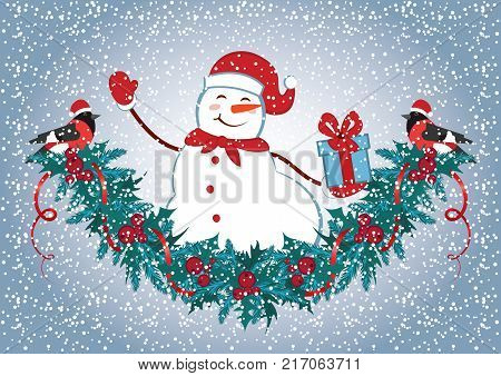 Christmas card with Snowman in Santa hat with gift box and christmas decorative garland and funny bullfinches. New Year design postcard