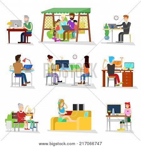 Working people vector business worker or person working on laptop in office businesswomen worked people on computer illustration isolated on white background.