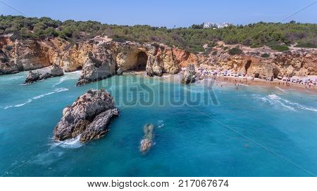Aerial. Tourist beaches of the Portuguese city of Portimao. Shooted by drones Algarve