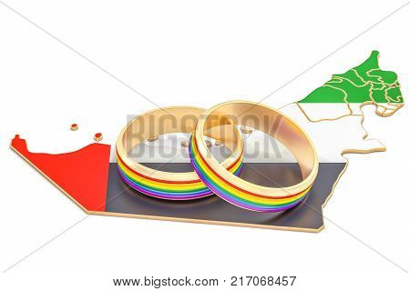 UAE map with LGBT rainbow rings 3D rendering