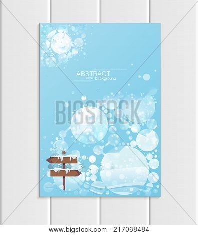 Stock vector brochure A5 or A4 format design Christmas template, abstract circles, winter landscape New Year 2018 with road sign in snow glow full moon night background for printed material