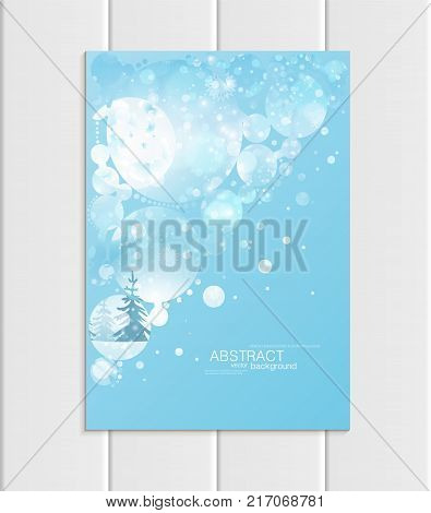 Stock vector brochure A5 or A4 format design Christmas template, abstract circles, winter landscape New Year 2018 with road sign in snow glow full moon night background for printed material