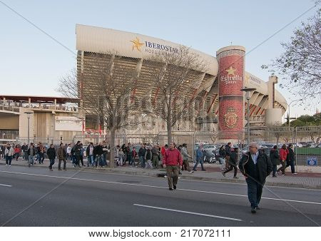 PALMA DE MALLORCA, SPAIN - APRIL 2, 2016: Public exit from winning game at Iberostar Stadium Son Moix between RCD Mallorca - Léganes (3-0) on a sunny evening on April 2, 2016 in Palma de Mallorca, Balearic islands, Spain in April.