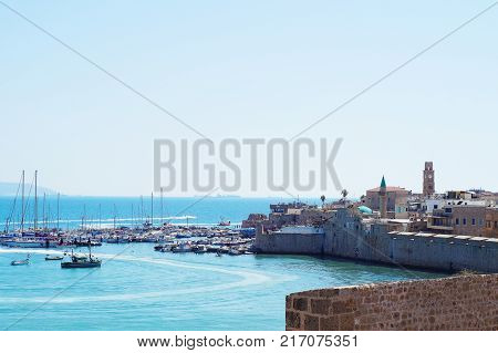 View from old city of Acre (Akko Acco) with the marine and open sea Israel.