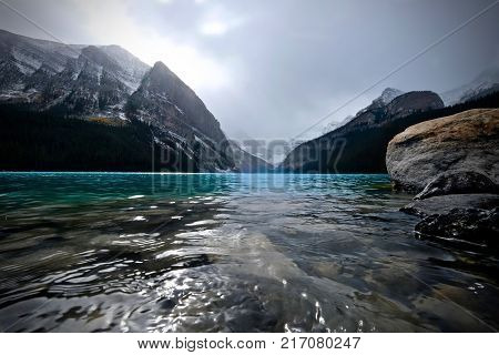 Lake Louise scenic view in autumn. Fall season on Lake Louise in Canadian Rocky Mountains. Banff National Park. Alberta. Canada.