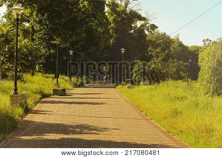 People walk by summer Park on a sunny day