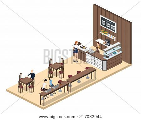 Isometric 3D Vector Illustration Design Interior Coffee Shop, Coffee Shop With Waitresses And Cakes