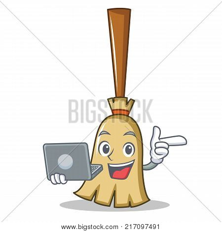 With laptop broom character cartoon style vector illustration