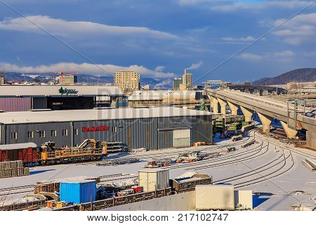 Zurich, Switzerland - 1 February, 2015: view of the city from the Hardbrucke motorway bridge in the morning. Zurich is the largest city in Switzerland and the capital of the Swiss canton of Zurich.