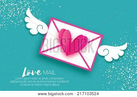 Greeting card for Valentine's day. Mail Love and envelope in paper cut style. Origami Pink Heart. Angel wings. Email. Be my valentine. 14 february. Message. Romantic card on sky blue. White day. Vector