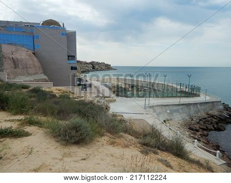 Hotel on the rocky seashore. The city of Aktau. Kazakhstan.
