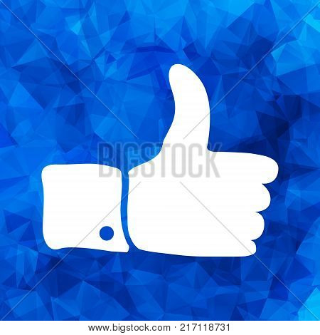 white flat thumbs up sign on blue Triangular Polygonal background