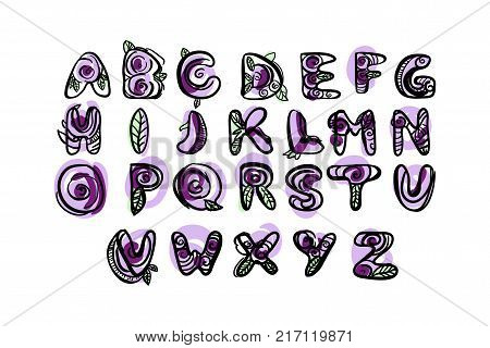Hand drawn latin font. Doodle style. Flloral vector symbols