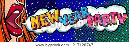 Open mouth and New Year Party Message in pop art style. New Year background. Vecor illestration.
