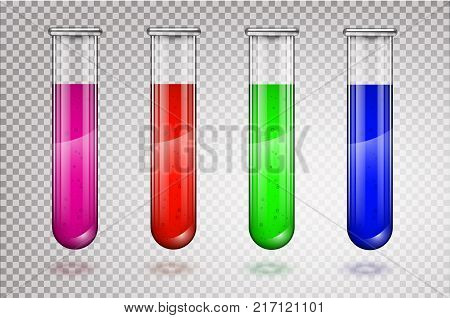 Illustration of scientific multicolor glassware - test tubes. Vector illustration in transparent beckgraund.