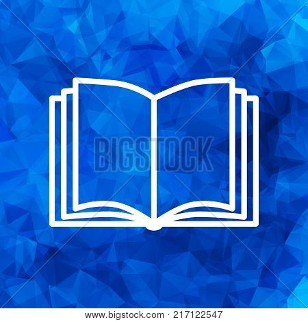 white open book vector icon on a blue triangular polygonal background