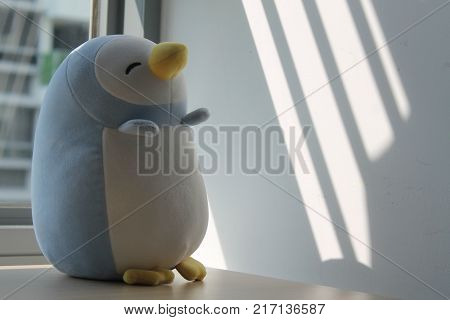 Blue penguin toy sitting by the window in shadows