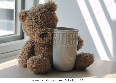 Bear toy with cup sitting by the window in shadows