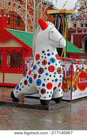 Moscow Russia - February 27 2017: Traditional Dymkovo toy Horse as art object at Russian national festival 