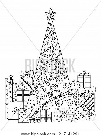 Doodle Pattern In Black And White Christmas Decorations Tree Gifts Snow
