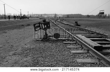 AUSCHWITZ, POLAND - March 30 2012: Railroad switch in Oswiecim.