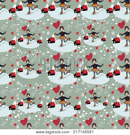 Adorable little girl wearing jwarm sweater and colorful hat skating on ice rink near modern houses, hand drawn decor pattern